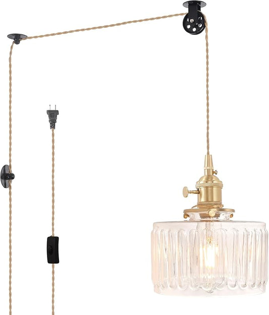 Shenmoyl Plug in Pendant Light Hanging Light Fixture Corded On/Off Switch Brass Pendant Light with Clear Striped Glass Lampshade for Bedroom Living Room Kitchen Island