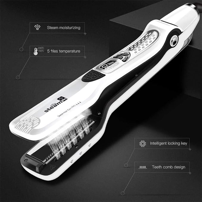 Professional Steam Hair Straightener Brush Ceramic Flat Iron, Electric Hair Crimper Heating Comb Straightening Iron, Fast Steamer Hair Styling Appliances For All Hair Types (White)