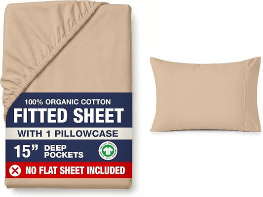 LANE LINEN Twin XL Fitted Sheet, 100% Organic Cotton 2-Piece Set (1 Fitted Sheet, 1 Pillowcase), Percale Weave, Bottom Sheet, Soft, Breathable, Fits Mattress Upto 15" Deep - Taupe (No Flat Sheet)