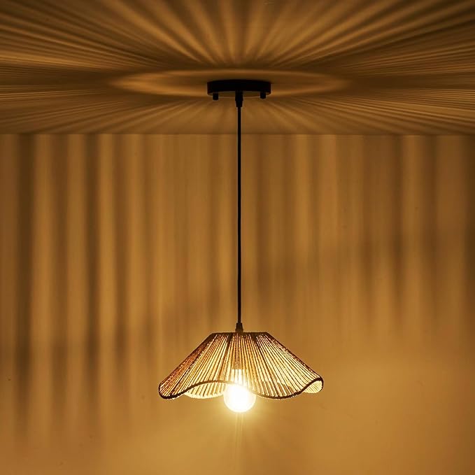 Hard Wired Rattan Pendant Lights Set of 2,Kitchen Island Pendant Lights with 12” Flower Shade,Boho Handwoven Paper Rope Rattan Ceiling Light for Living Room Dining Room Restaurant Foryer