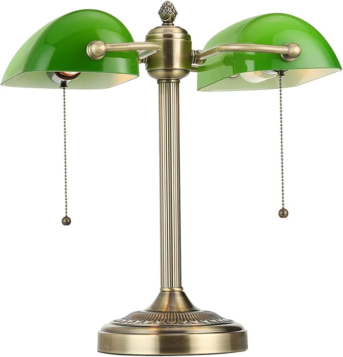 Green Double Head Glass Bankers Desk Lamp with Pull Chain Switch Plug in Fixture for Library, Office, Cafe