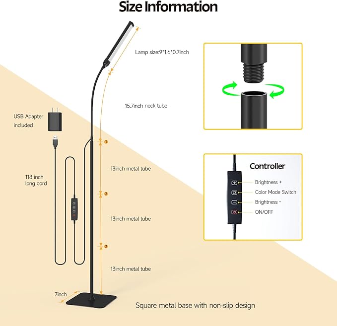 Aisutha LED Floor Lamp, Reading Lamps Adjustable Stepless Colors & Brightness Standing Lamp, Nail Tech Lamp, Lash Light for Eyelash