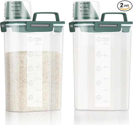 LEAWALK Airtight Rice Storage Container, 3.28Qt Cereal Dry Food Flour and Sugar Bin, Dog Cat Food Dispenser with Measuring Cup, BPA Free Clear Plastic Kitchen and Pantry Organization Bin Green 2Pack
