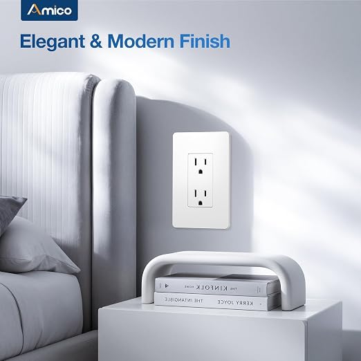 Amico Wall Outlet, UL Listed, Tamper Resistant Standard Electrical Outlet, Decorator Receptacle, Suitable for Home and Business, 125V/1875W, White, 15 Amp - Screwless Wall Plate, 1 Pack