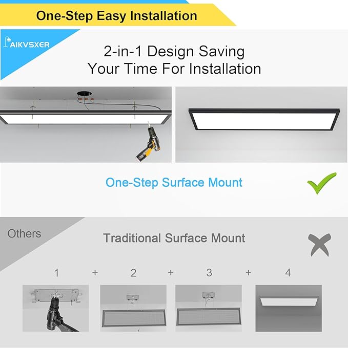 AIKVSXER 6PACK 1x4 LED Flat Panel Light Surface Mount LED Ceiling Light, 5500LM 50W TRIAC 10-100% Dimmable, 3000/4000/5000k AC120V Kitchen Lights Ceiling Flush Mount for Garage/Basement Black