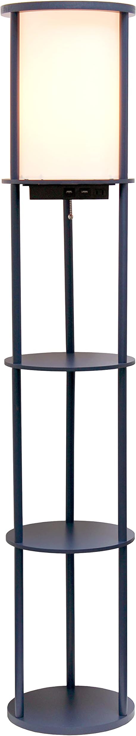 Simple Designs LF2010-NAV 62.5" Round Modern Shelf Etagere Organizer Storage Floor Lamp with 2 USB Charging Ports, 1 Charging Outlet and Linen Shade for Living Room Bedroom Office, Navy