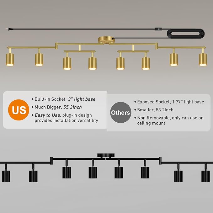 Plug in Track Lighting LED, Track Lighting Fixtures Ceiling, Gold 8-Light Kitchen Light Kit, Plug in Wall Light with 14.8ft Power Cord, Rotatable Ceiling Spotlight for Bedroom(GU10 Socket, NO Bulb)