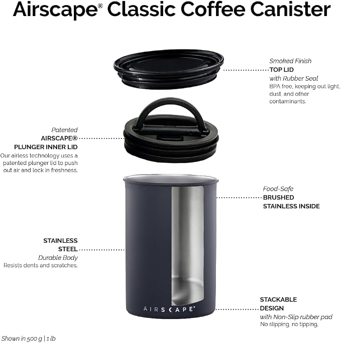 Planetary Design Airscape Stainless Steel Coffee Canister | Food Storage Container | US Patented Inner Plunger Lid REMOVES Excess Oxygen | Don't Buy airtight, Buy AIR-Less (Medium, Brushed Steel)