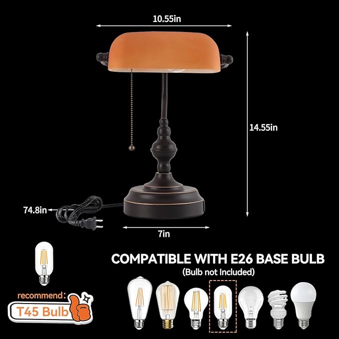 Bankers Desk Lamp with USB A and Type C Charging Port, Vintage Banker's Desk Lamp with Pull Chain Switch, Library Lamp for Office Study Room, Amber Glass Bronze Desk Lamps