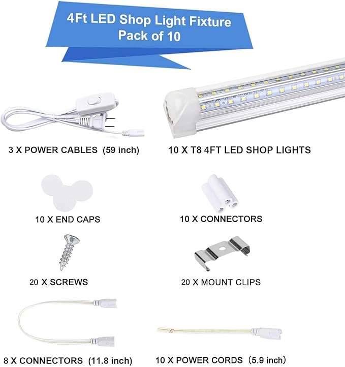 10Pack 4FT LED Shop Light - 50W 8000LM 6500K Linkable Clear Cover T8 LED Tube Light for Workshop, Warehouse, Basement - Plug and Play