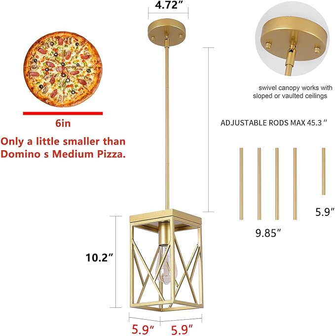 Fivess Lighting Modern Gold Pendant Light with Metal Cage, One-Light Adjustable Rods Mini Pendant Lighting Fixture for Kitchen Island Cafe Bar Farmhouse