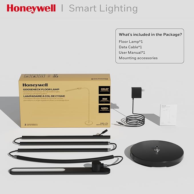 Honeywell LED Floor Lamp for Reading, CRI97 Full Spectrum Gooseneck Floor Lamp, Eye-Caring Dimmable Standing Task Light, 3 Color Temperatures, 77.5" Tall for Living Room, Bedroom, Office