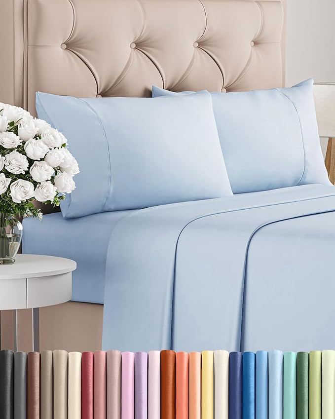 Twin 4 Piece Sheet Set - Comfy Breathable & Cooling - Ultra Soft Hotel Luxury Bedding Set w/ 8-16 Inch Deep Pockets - 1 Flat & 1 Fitted Sheet & 2 Pillowcases - Wrinkle Free and Easy Care - Sky Blue