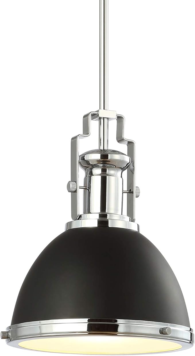 JONATHAN Y 10" Black/Chrome Modern Industrial Iron LED Dome Pendant Light, Adjustable Hanging Fixture for Kitchen Island or Entryway, Black Metal Shade, LED Bulb Included (JYL9535B)