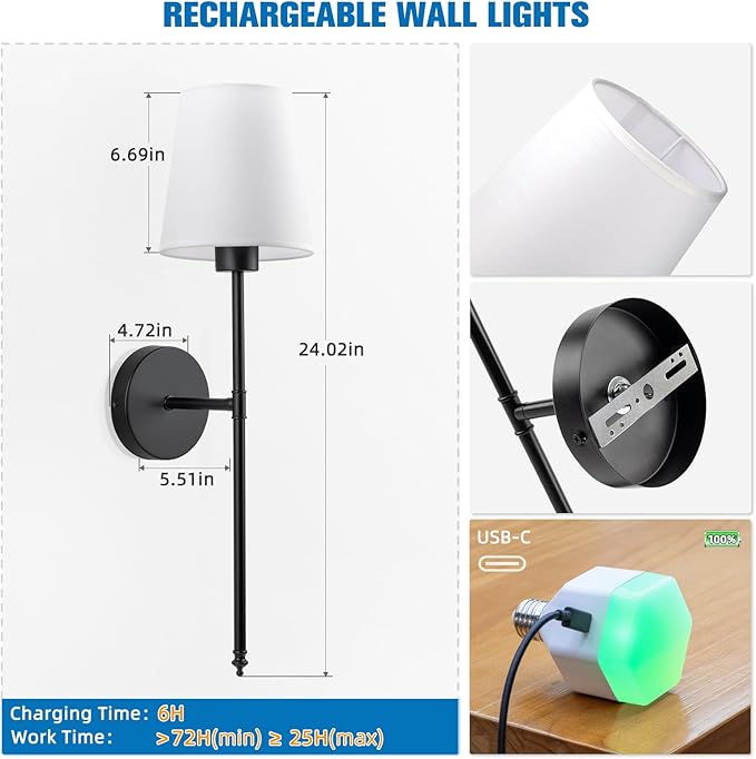 NIORSUN Battery Operated Wall Sconce Set of 2,Black Rechargeable Wall Lights with 10400mAh Dimmable Bulbs and Remote,10 Colors Wireless Wall Lamps for Bedroom Living Room Hallway Decor