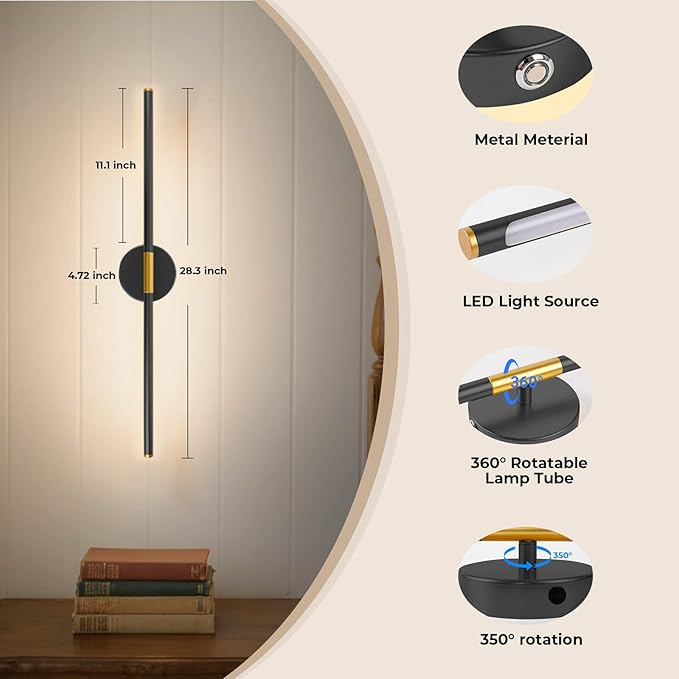 GvvooHome 28" Battery Operated Wall Sconce, 360°Rotation Wireless Rechargeable Wall Lights with Remote Control, 3000K-6500K LED Detachable Wall Lamp for Bedroom, Hallway, Background Wall, Black Gold