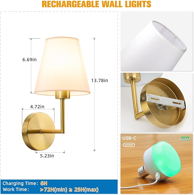 NIORSUN 13.8 inch Battery Operated Wall Sconce Set of 2,Gold Rechargeable Wall Lights with 10400mAh Dimmable Detachable Bulbs and Remote,9 Colors Wireless Sconces for Bedroom Living Room Hallway