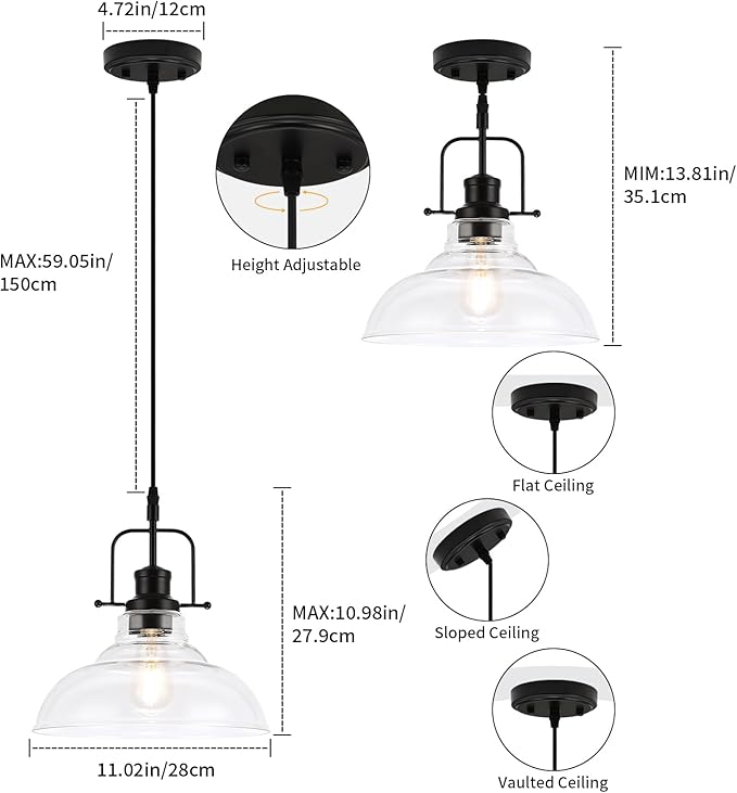 WILON Farmhouse Pendant Lights Kitchen Island Lighting, Black Pendant Light Over The Sink, Vintage Clear Glass Pendant Light, Industrial Hanging Light Fixture for Dining Room Over Table Bar Foyer