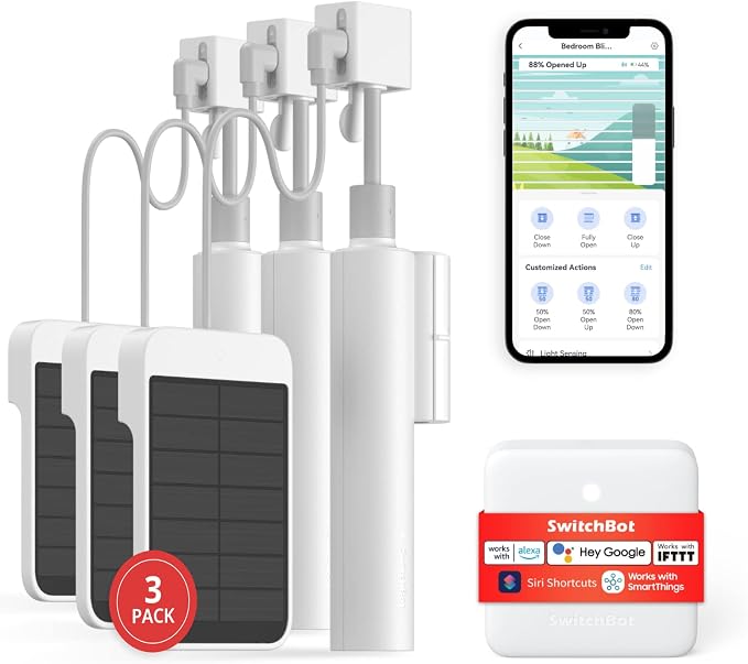 SwitchBot Smart Electric Motorized Blinds Kit - 3Pack with 2.4G WiFi Remote Control, Solar Powered, Compatible with Alexa, Google Home and Siri, Light Sensing Control, Unlimited Group Control