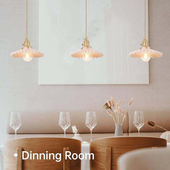 Shenmoyl Pendant Light 2 Pack with Pink Pleated Ceramic Lmapshade, Brass Vintage Pendant Light Adjustable Hanging Light for Kitchen Island Dining Room Hallway