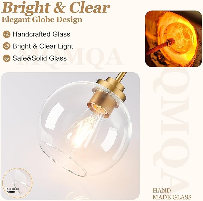 2 Pack 22"-50" Height Adjustable Glass Pendant Lights Kitchen Island, Globe Brushed Gold Pendant Lights with Clear Glass Shade, Mid Century Pendant Light Fixtures Kitchen Pendant Lighting over Island