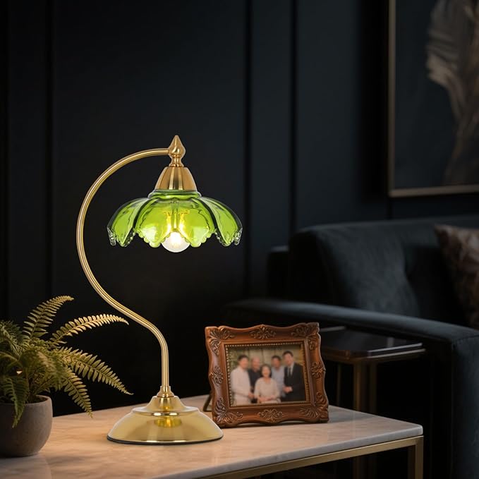 Glass Beside Table Lamp for Bedroom, Plug In Gold Desk Lamp, Vintage Flower Nightstand Lamp, Table Lamps for Living Room, Small Desk Lamps for Home Office, Green Table Light, Flower Lamp Decoration