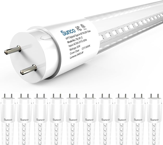Sunco 10 Pack T8 LED Bulbs 4 Foot, 48 Inch Tube Light Bulbs Fluorescent Replacement, Single or Double Ended Hybrid Type A+B, 2400 LM, 20W, 5000K Daylight, Clear Lens ETL