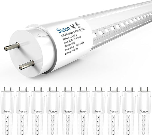 Sunco 10 Pack T8 LED Bulbs 4 Foot, 48 Inch Tube Light Bulbs Fluorescent Replacement, Single or Double Ended Hybrid Type A+B, 2400 LM, 20W, 5000K Daylight, Clear Lens ETL