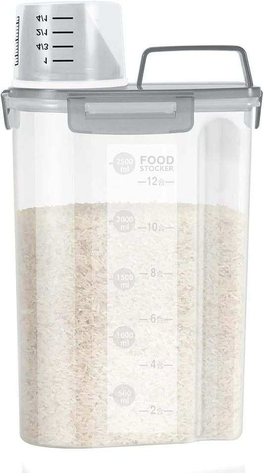 LEAWALK Airtight Rice Storage Container, 3-5Lbs Cereal Dry Food Flour Bin, Pet Dog Cat Food Dispenser with Measuring Cup, BPA Free Plastic Kitchen and Pantry Organization Bin for Sugar-Clear Grey