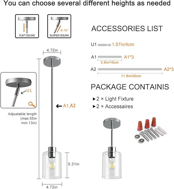 Chrome Pendant Lights Kitchen Island - Clear Glass Pendant Light Fixture Multiple Stems Rods 3 Units 12 Inch 3 Units 4 Inch (2 Pack Chrome Downrod)