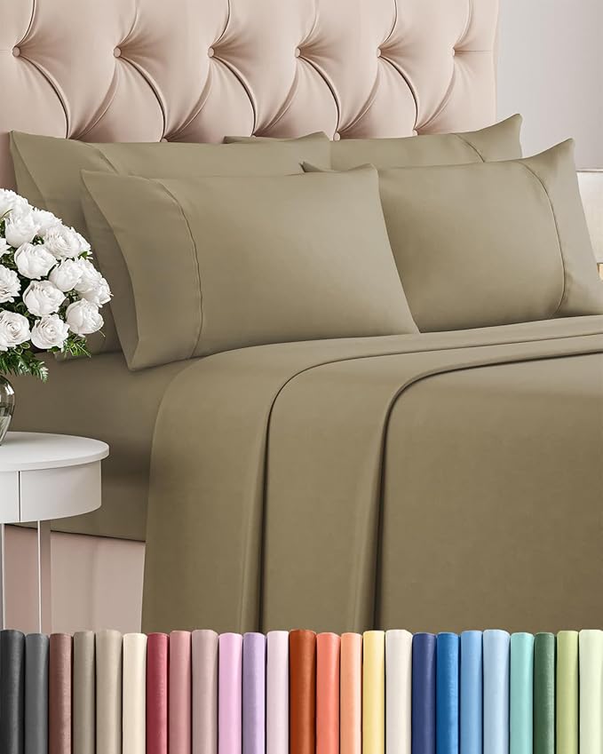 Full 6 Piece Sheet Set - Comfy Breathable & Cooling - Ultra Soft Hotel Luxury Bedding Set with 8-16 Inch Deep Pockets - 1 Flat & 1 Fitted Sheet & 4 Pillowcases - Cozy, Wrinkle Free & Easy Care - Khaki