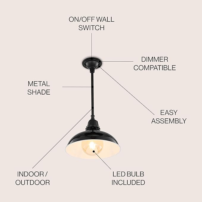 JONATHAN Y 12.25" Black 1-Light Farmhouse Indoor/Outdoor LED Pendant Iron Hanging Light, and Black Metal Shade, Rustic Ceiling Lamp for Kitchen Island, LED Bulb Included (JYL7611B)