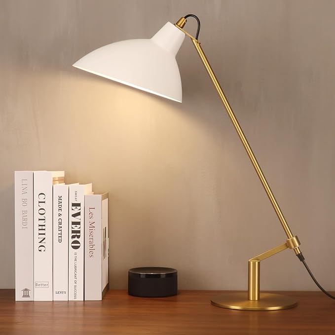 Desk Lamp Modern Industrial 100% Metal Adjustable Table Lamp 24", Natural Light (4000K) with Dimmer, Ideal for Office Bedroom Study Room Living Room Nightstand Bedside Lamps White+Brass