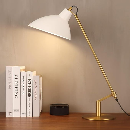 Desk Lamp Modern Industrial 100% Metal Adjustable Table Lamp 24", Natural Light (4000K) with Dimmer, Ideal for Office Bedroom Study Room Living Room Nightstand Bedside Lamps White+Brass