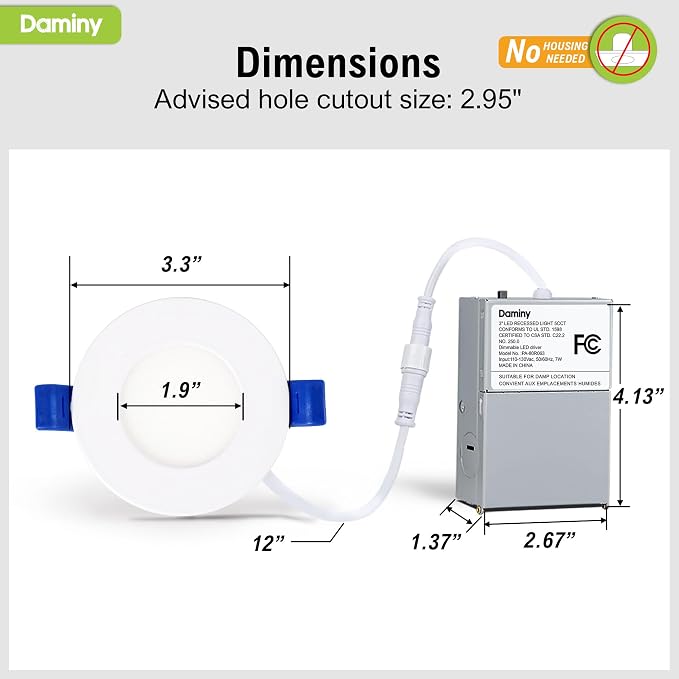 DAMINY 6 Pack 3 Inch LED Recessed Lighting with Junction Box,5CCT,Ultra-Thin Recessed Light,7W 500LM, Dimmable Canless Wafer Ceiling Light, High Brightness
