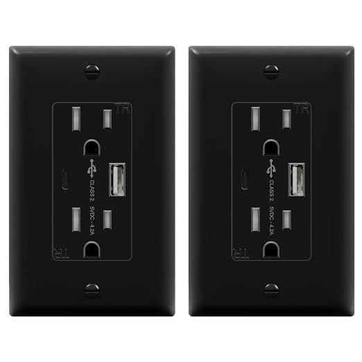 TOPGREENER 2-Port USB Outlet, Type C USB Wall Outlet, 15 Amp Tamper Resistant Receptacle Plug, USB Outlets Receptacles, Wall Plate Included, UL Listed, TU21536AC-BK-2PCS, Black, 2 Pack