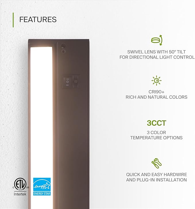 ASD Swivel LED Under Cabinet Lighting Plug in or Hardwired 32 Inch, Dimmable Under Cabinet Lights with High/Low/Off Switch, 3CCT 2700K-4000K, Linkable Under Counter Lights for Kitchen, Bronze, ETL