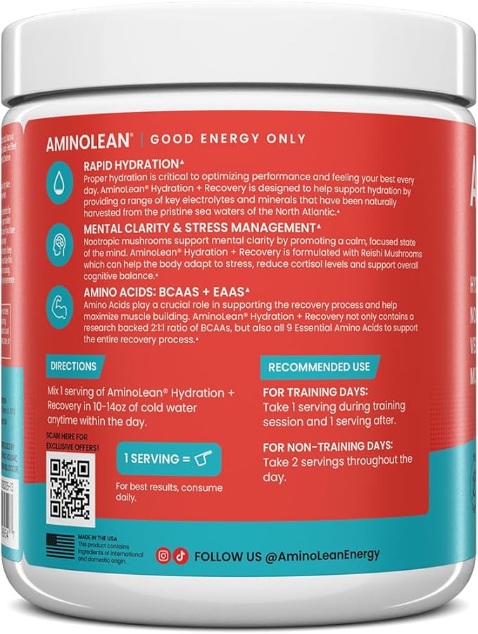 AminoLean Recovery + Hydration – Electrolytes Powder & BCAA Amino Acids for Instant Hydration & Post-Workout Recovery – Nootropic Mushrooms, Vegan Aminos, Zero Sugar, 30 Servings