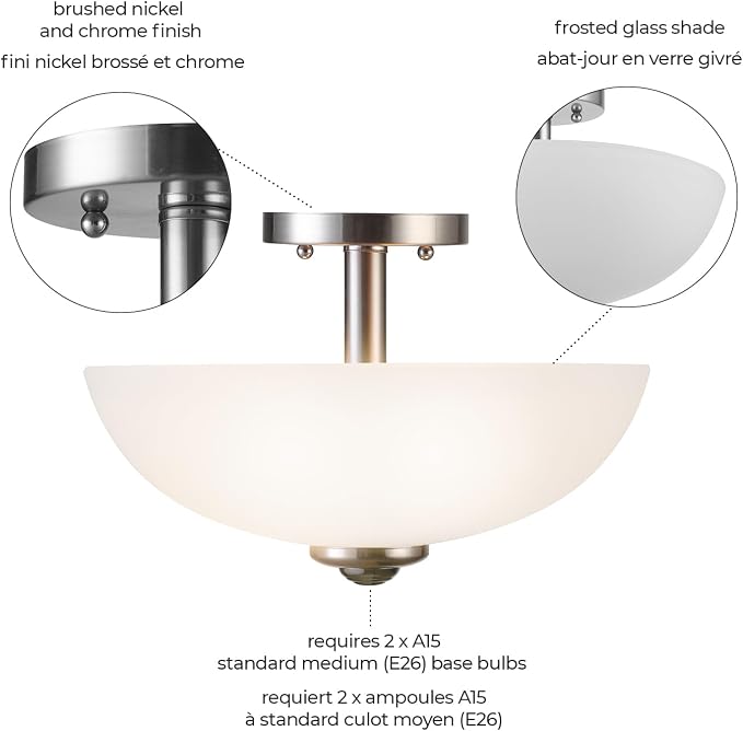 Globe Electric 63357 13 in. 2-Light Semi-Flush Mount Ceiling Light, Brushed Nickel, Chrome Accents, Frosted Glass Shade