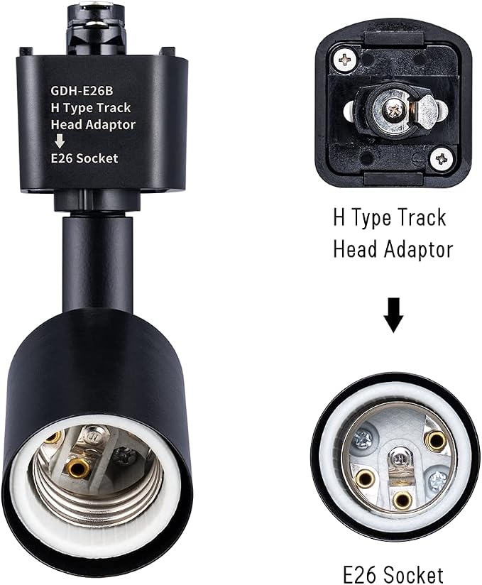 mirrea H Type Track Lighting Head to E26 Medium Screw Base Adapter Light Direction Adjustable Pack of 3 (Black)
