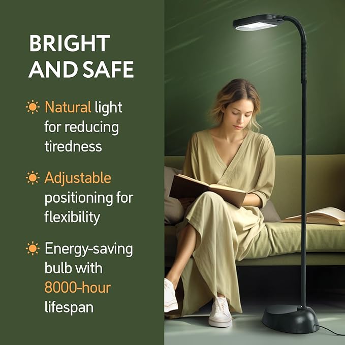 Kenley Natural Daylight Floor Lamp - Craft Light Floor Standing for Reading, Crafting, Sewing - Adjustable Gooseneck - Task Lamps for Living Room, Bedroom, Office