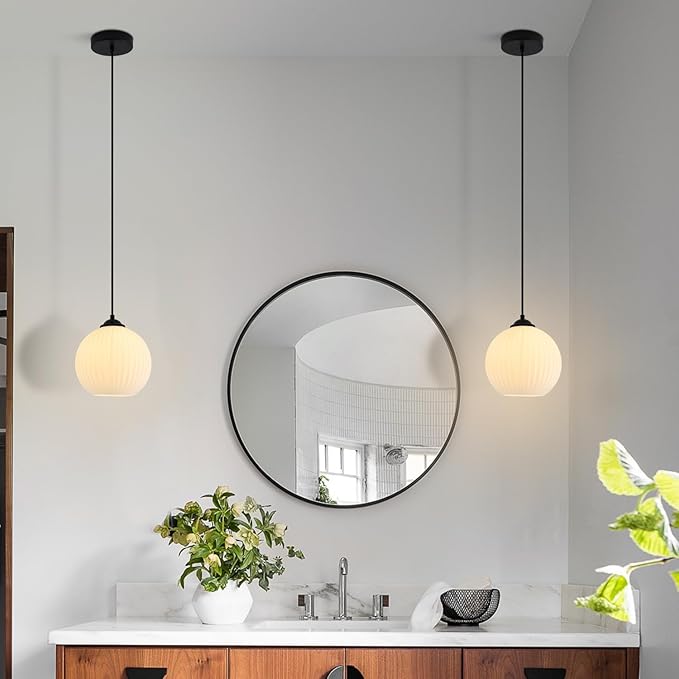 KCO Lighting Milk Glass Globe Pendant Lights Kitchen Island Industrial Vintage Ribbed Pendant Light Black Ceiling Hanging Light Fixture White Globe Pendant Light Fixture