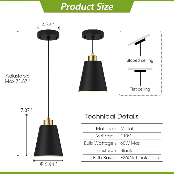 Matte Black Mini Pendant Light 7.87in Cone Kitchen Island Pendant Lighting with Gold Modern Hollow Shade Hanging Light Fixture for Kitchen Dining Room Bar 63" Adjustable Cord, 1 PCS