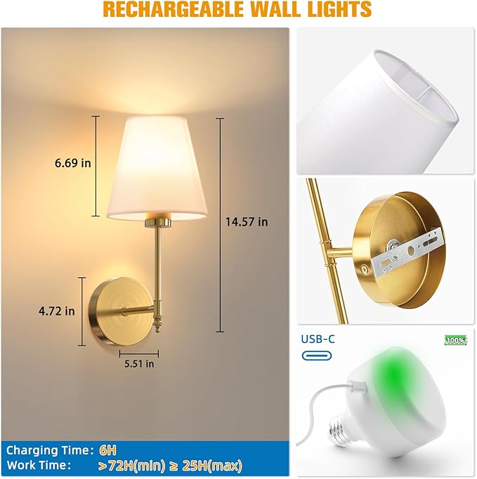 NIORSUN 14.5 inch Battery Operated Wall Sconce Set of 2,Gold Rechargeable Wall Lights with 10400mAh Dimmable Detachable Bulbs and Remote,9 Colors Wireless Sconces for Bedroom Living Room Hallway Decor