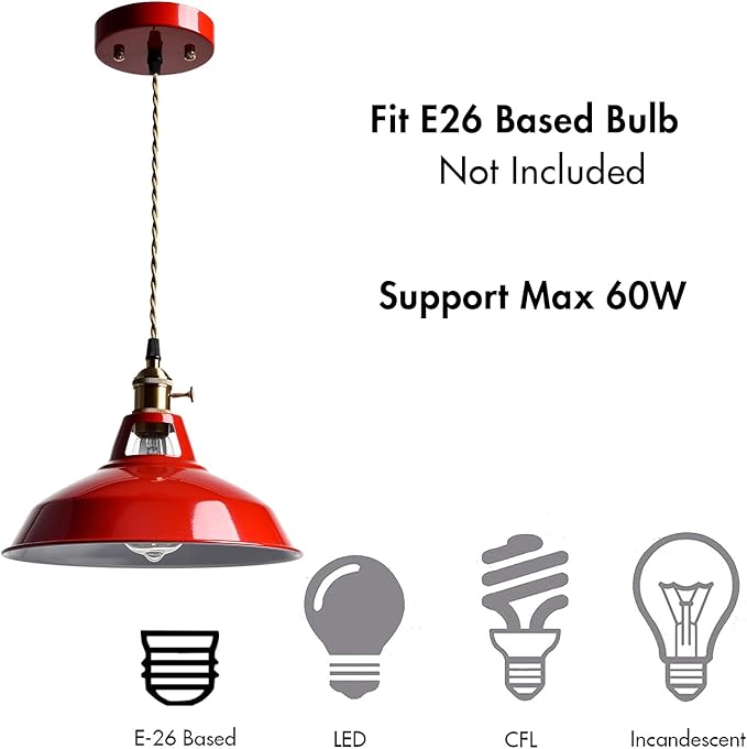 CLAXY Industrial Modern Pendant Light Kitchen Island Red Metal Barn Hanging Light Fixture Height Adjustable E26 Based Light for Kitchen, Loft, Dining, Foyer, Cafe, Bar