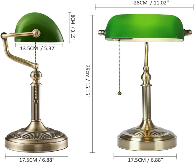 Glass Bankers Desk Lamp with Pull Chain Switch Plug in Fixture (Green-Simple, Simple Style)