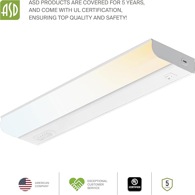 ASD LED Under Cabinet Lighting Hardwired, 18 Inch 10W 2700K-5000K Selectable, 807LM, CRI90+, Direct Wire Linkable Under Counter Lights for Kitchen, Dimmable Under Cabinet Lights, White, UL, 2 Pack