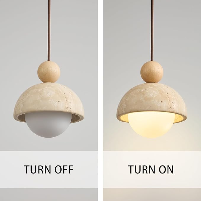 7.1inch Wabi Sabi Pendant Light, Yellow Travertine Pendant Light Fixture, Natural Stone & Wood Hanging Lamp for Kitchen Island, Hallway, Bedroom Bedside, Living Room, Dining Room (1pcs)