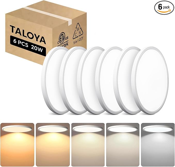 TALOYA 6-Pack 10 Inch Flush Mount LED Ceiling Light Fixture, 5CCT, White | 100–240 VAC Input,Edge-Lit Low Profile Round Design Ideal for Bedroom,Bathroom,Kitchen,Laundry,Closet