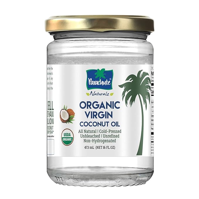 Huile de noix de coco vierge biologique Parachute Naturalz | Pour la cuisine, les cheveux, le corps et le bain de bouche | Pressée à froid | Non blanchie | Non raffinée | Non hydrogénée | Huile MCT | Certifiée USDA | 473 ml | Pot en verre